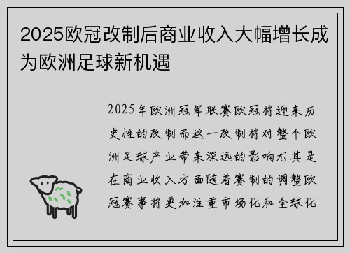 2025欧冠改制后商业收入大幅增长成为欧洲足球新机遇