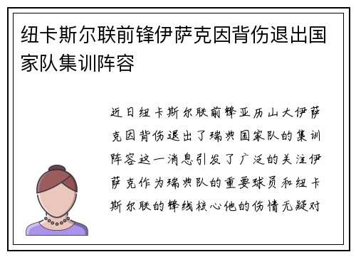 纽卡斯尔联前锋伊萨克因背伤退出国家队集训阵容
