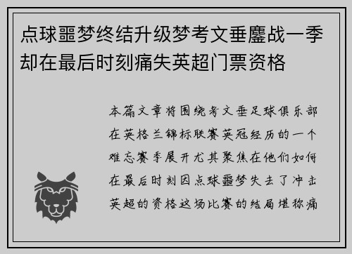 点球噩梦终结升级梦考文垂鏖战一季却在最后时刻痛失英超门票资格